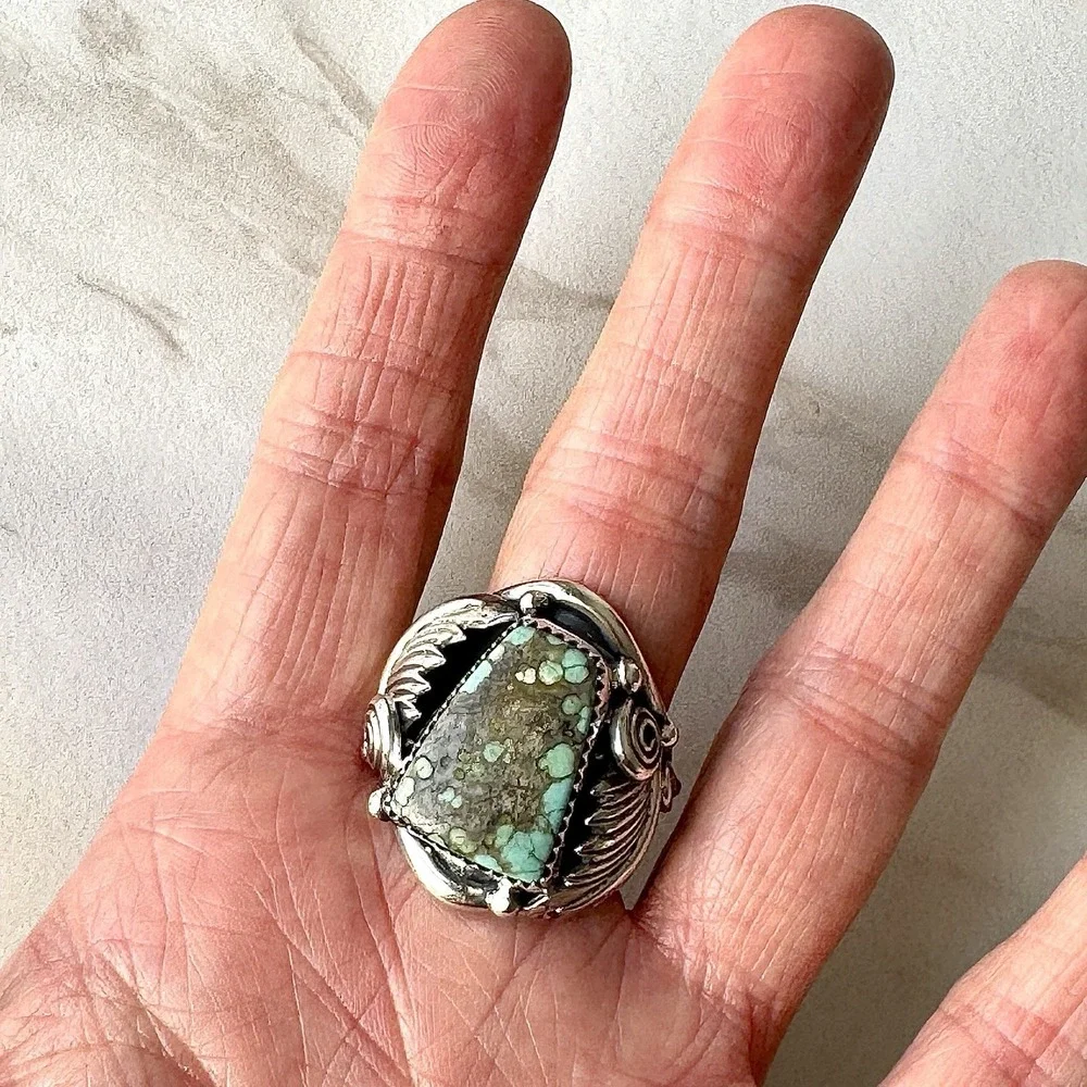 Navajo Mens Ring Sz 11 Turquoise #8 Leaf Feather Signed Morgan Sterling Native